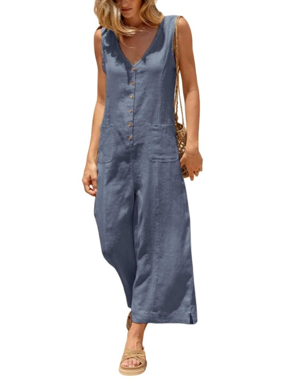 Women Button Down Jumpsuits Cotton Linen Casual Rompers Overalls